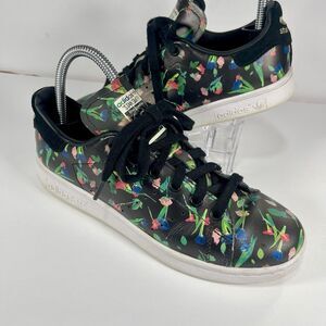adidas Stan Smith Floral Black Leather Sneakers Women's Size 6 EE4893 Low Top